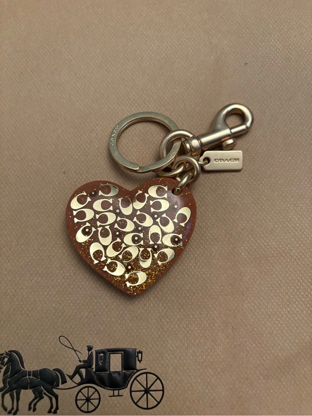 Coach Heart-Shaped Key & Card Holder Charm in Brown and Gold